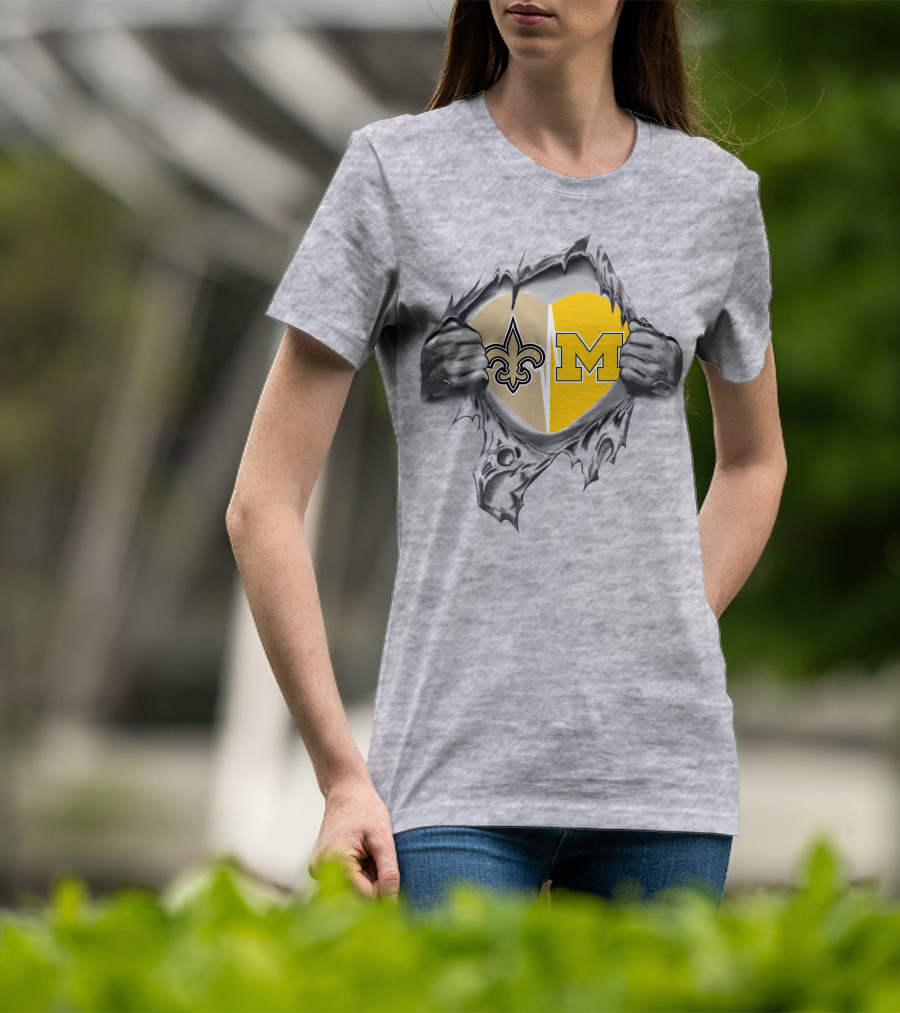 Saints And Michigan Heart Symbol With Fleur-de-lis And Block M T-Shirt