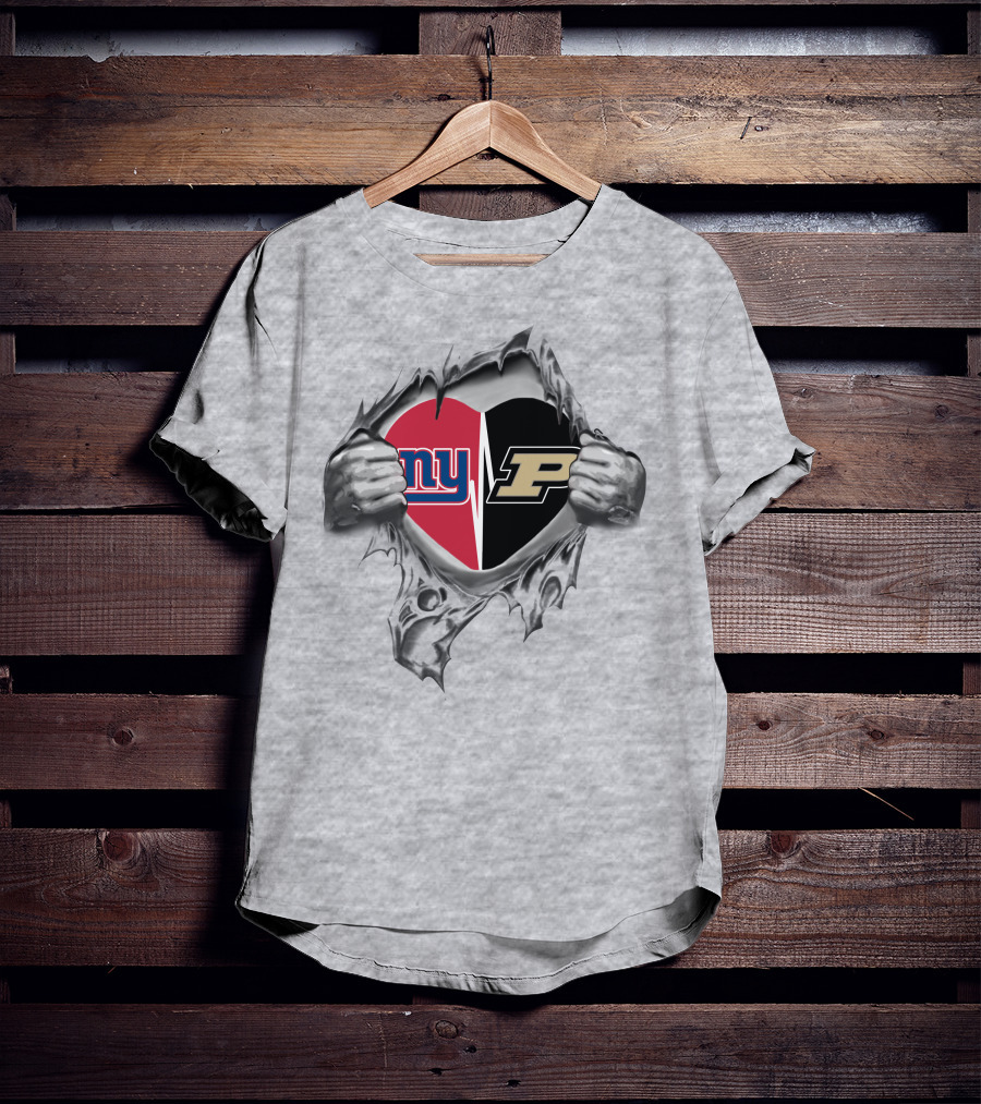 New York Giants And Purdue University Split Heart Design Tear Open T-Shirt
