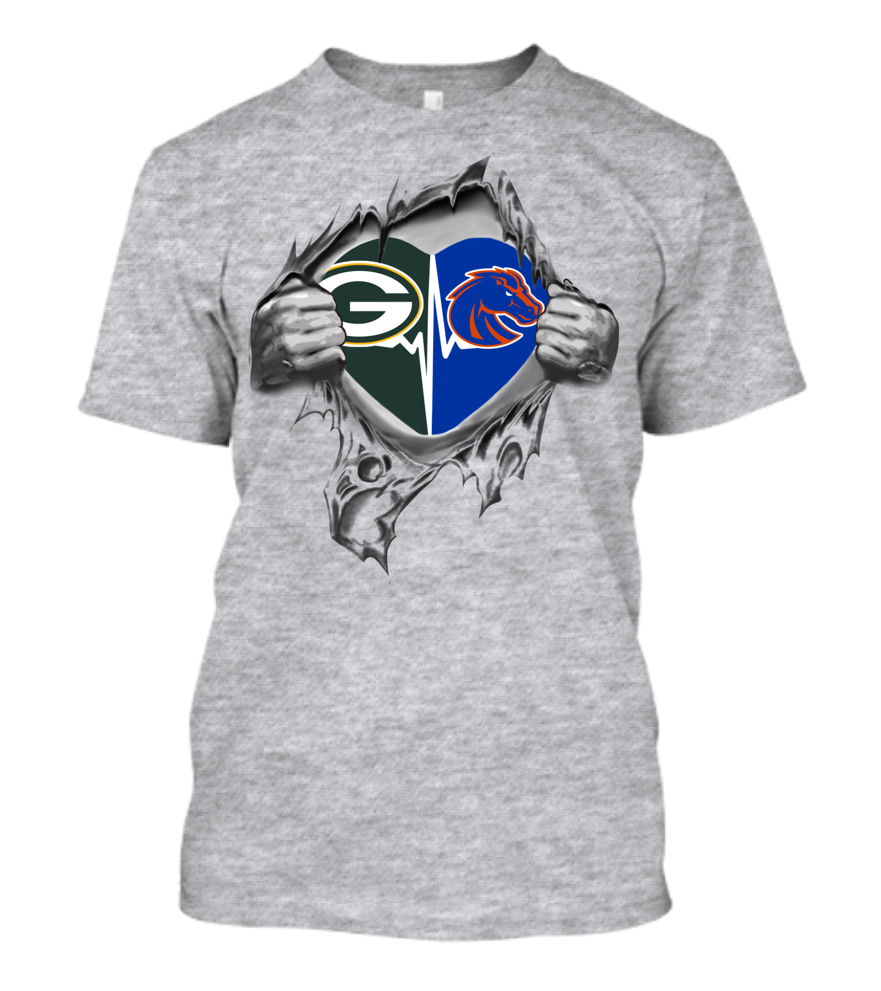 Green Bay Packers Heart Boise State Broncos Logo Pullover T-Shirt