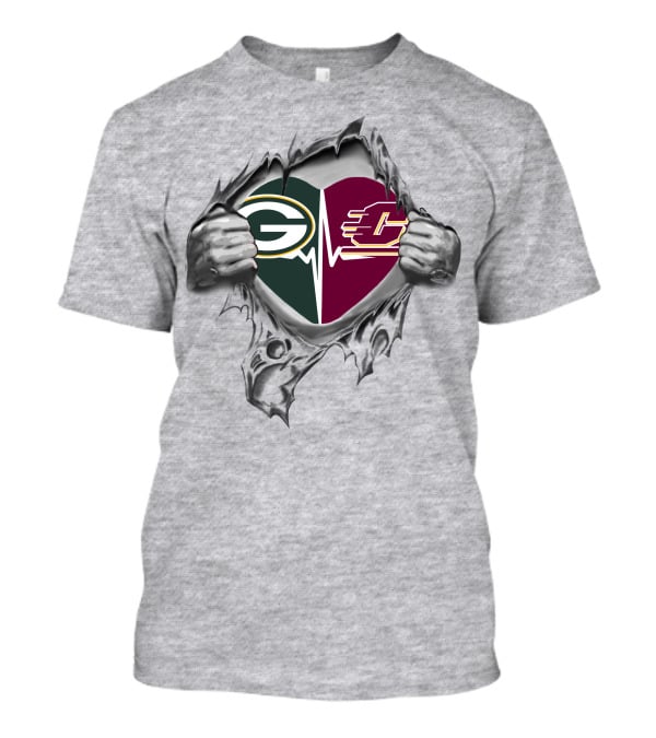 Green Bay Packers Central Michigan Chippewas Heartbeat Logo Fusion T-Shirt