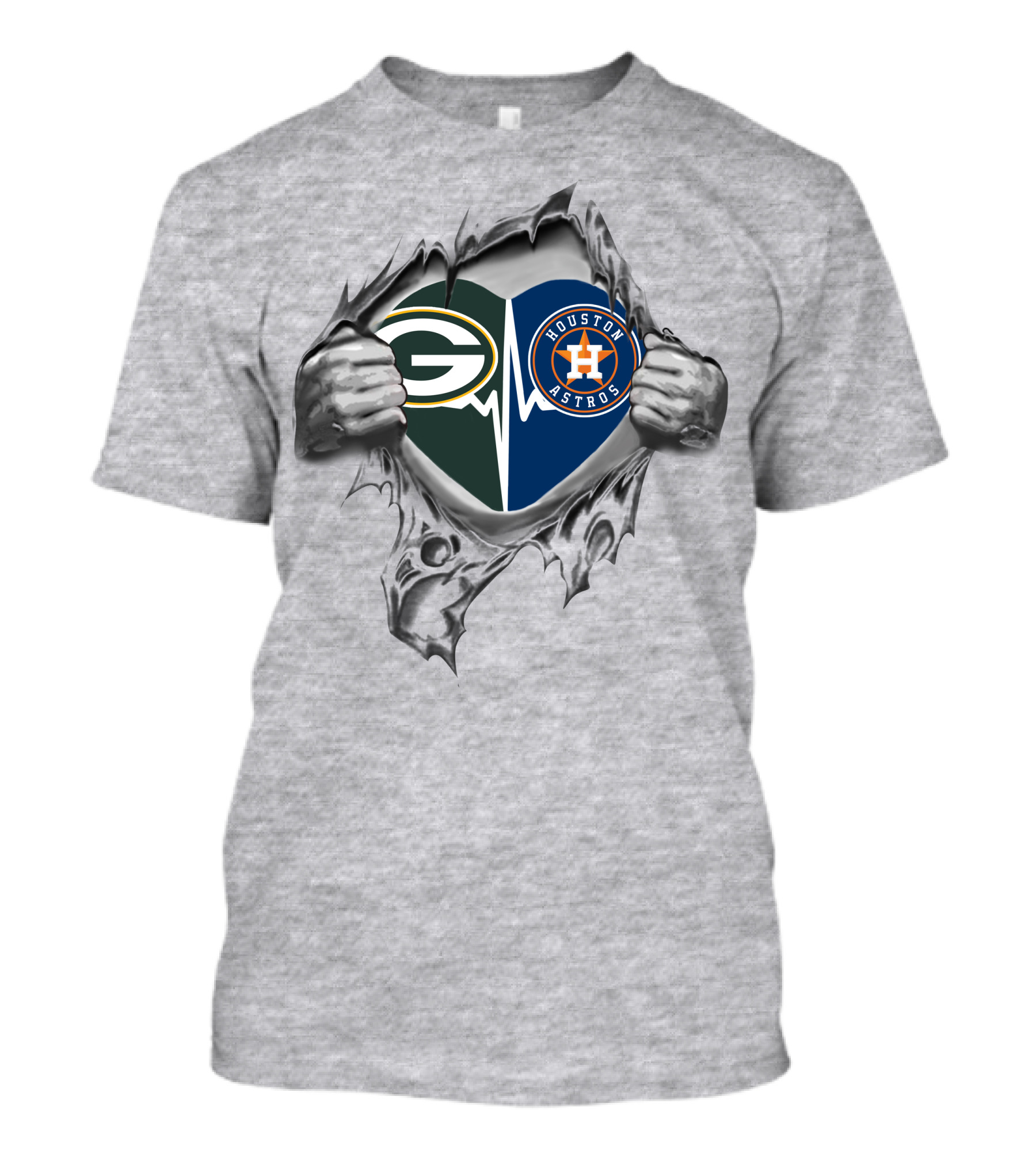 Green Bay Packers Houston Astros Heart Logos Peeking Through Ripped Chest T-Shirt