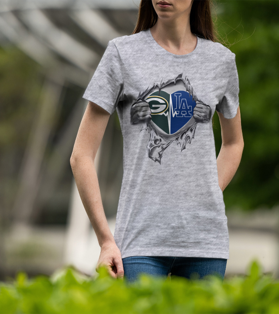 Green Bay Packers Heart Los Angeles Dodgers Heart Logo NFL MLB Fan Mascot T-Shirt