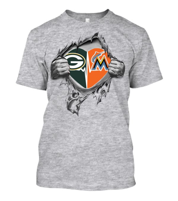 Green Bay Packers Miami Marlins Heart Rip T-Shirt