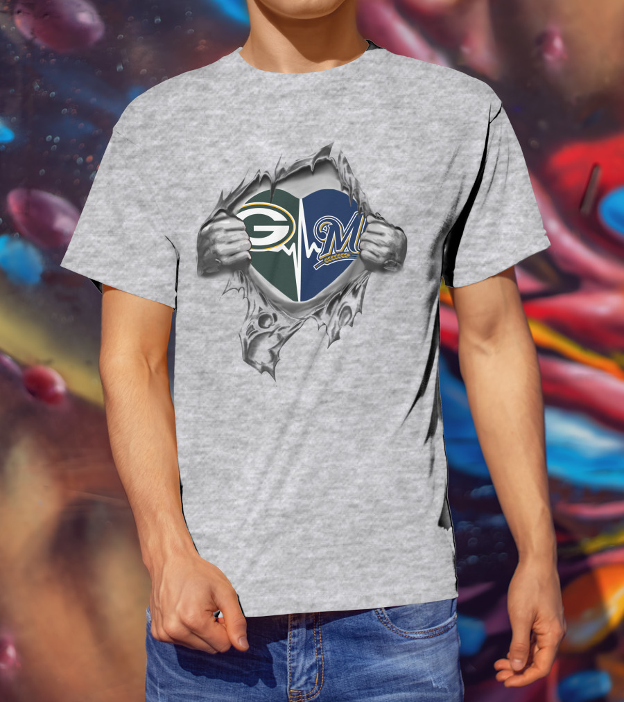 Green Bay Packers Milwaukee Brewers Heartbeat T-Shirt
