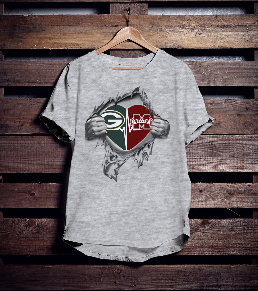 Green Bay Packers Mississippi State Heart Torn Fabric T-Shirt