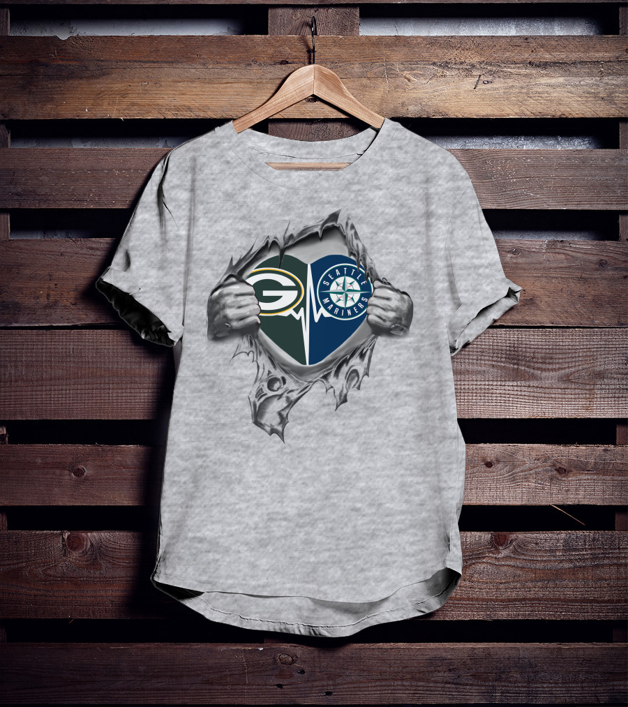 Green Bay Packers Seattle Mariners Heart Torn Fabric T-Shirt