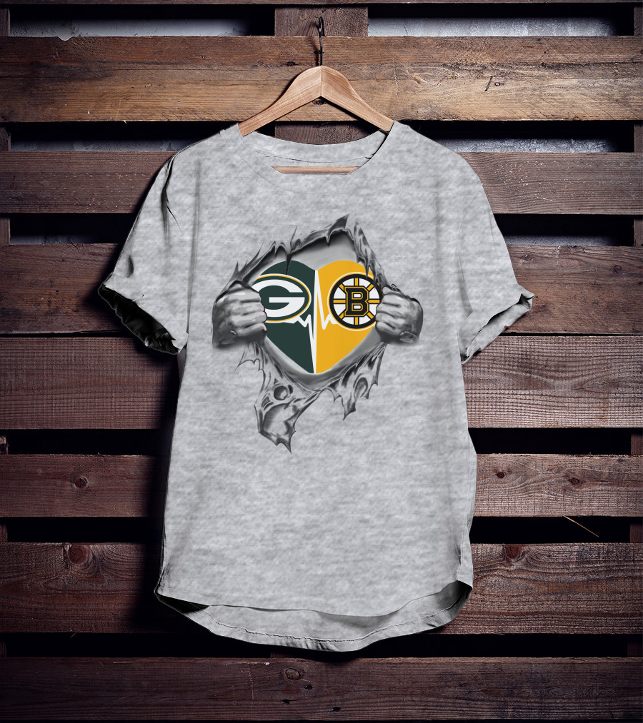 Green Bay Packers Boston Bruins Heart Logo Fusion T-Shirt