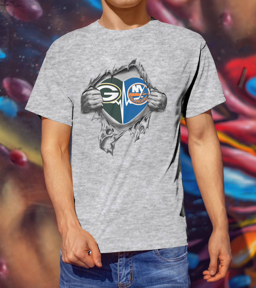 Green Bay Packers New York Islanders Heartbeat Fan Passion T-Shirt