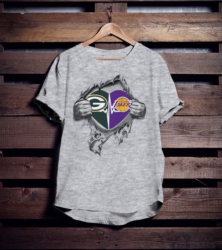 Green Bay Packers Los Angeles Lakers Heart Split Fan Pride T-Shirt