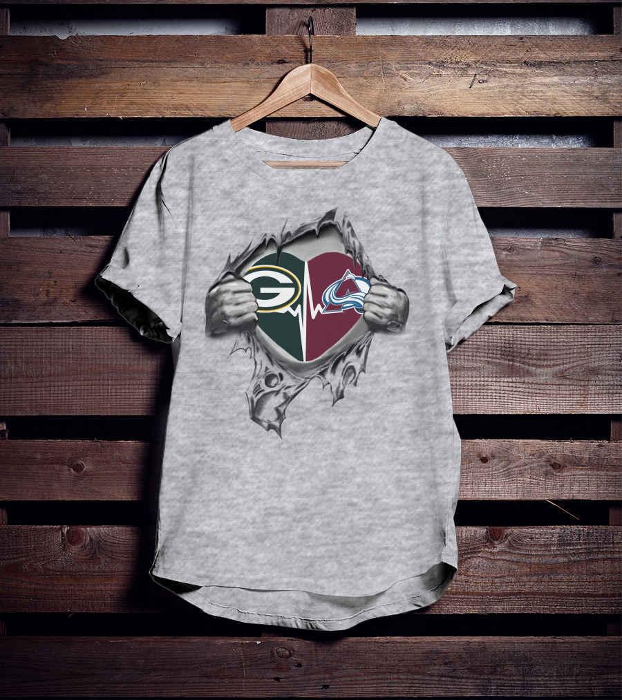 Green Bay Packers And Colorado Avalanche Heart With Silver Hands T-Shirt