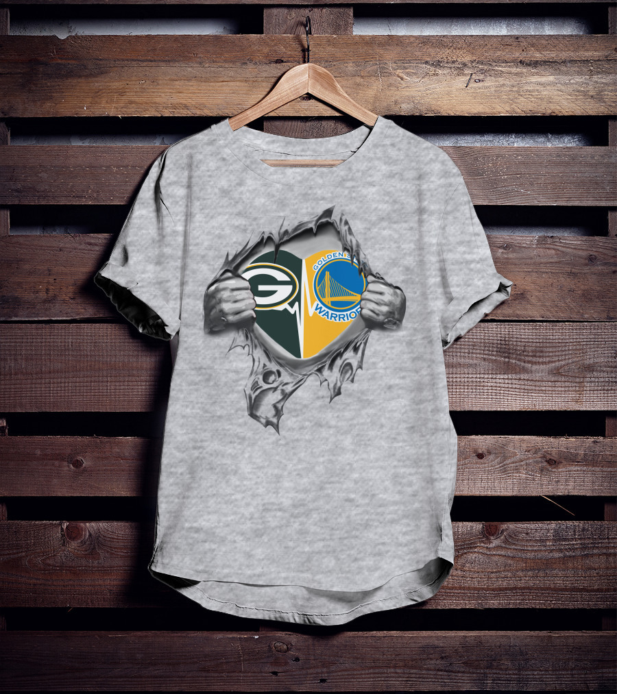 Green Bay Packers Golden State Warriors Logos In Torn T-Shirt