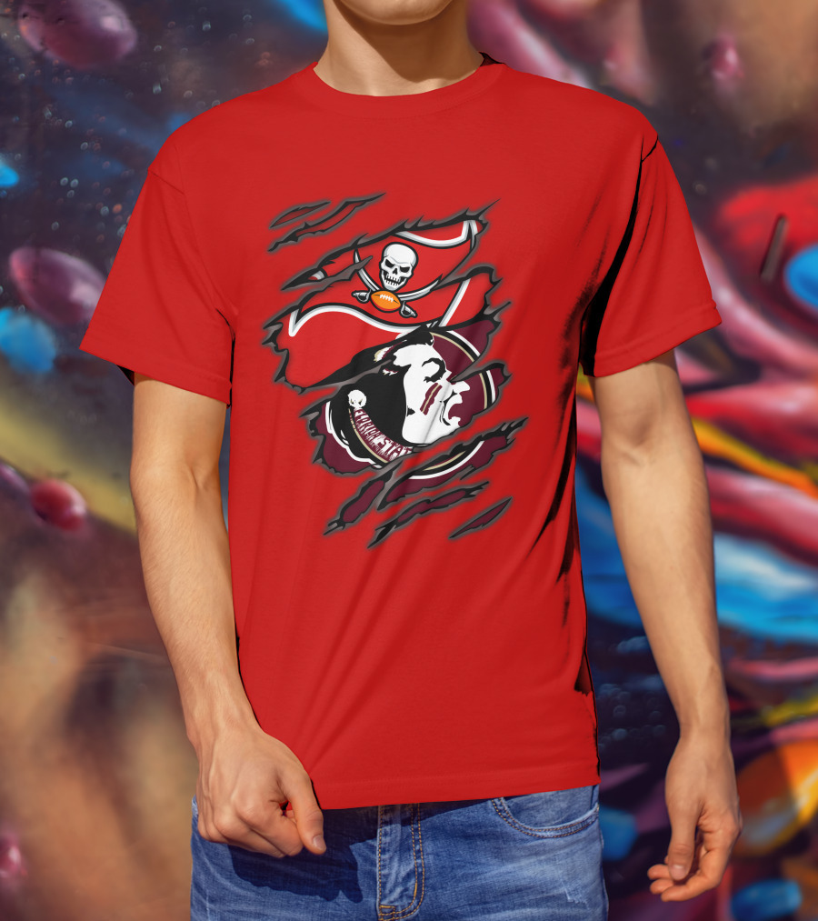 Buccaneers Seminoles Skull And Tomahawk Football Fusion T-Shirt