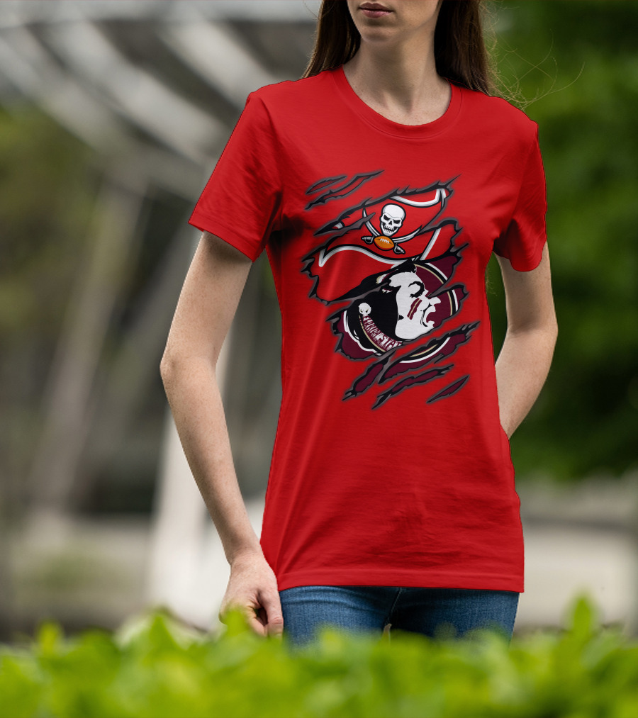 Buccaneers Seminoles Skull And Tomahawk Football Fusion T-Shirt