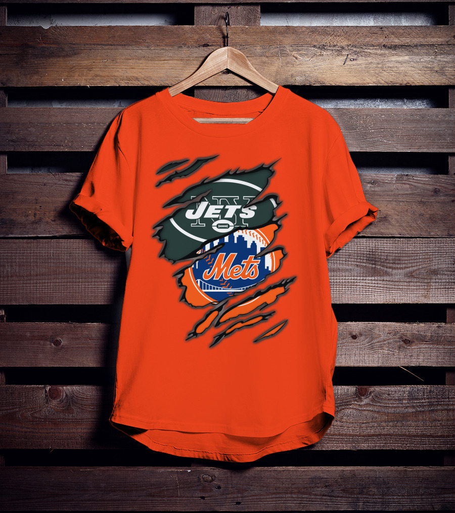 Jets Mets Nfl Mlb Ripped Logo Fusion T-Shirt