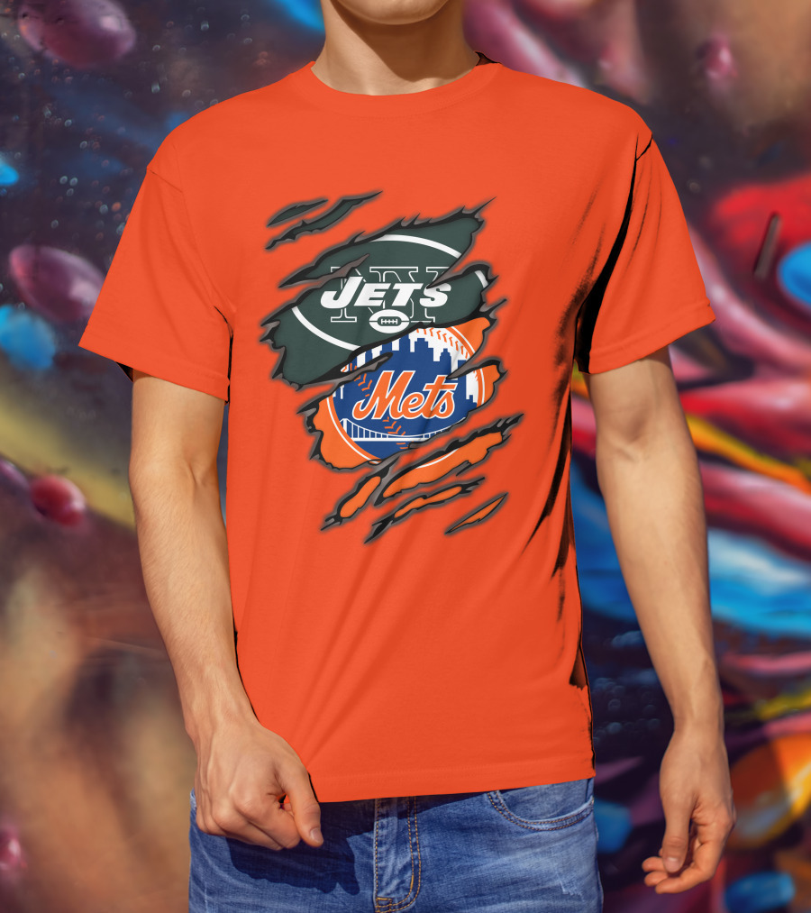 Jets Mets Nfl Mlb Ripped Logo Fusion T-Shirt