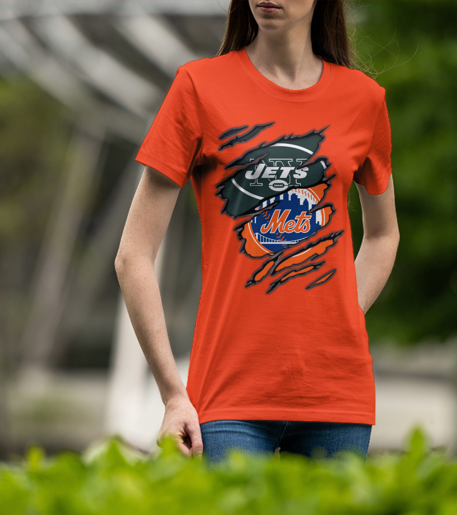 Jets Mets Nfl Mlb Ripped Logo Fusion T-Shirt
