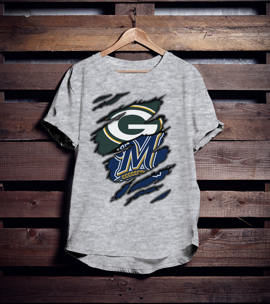 Green Bay Packers Milwaukee Brewers Logos Torn Claw Marks T-Shirt