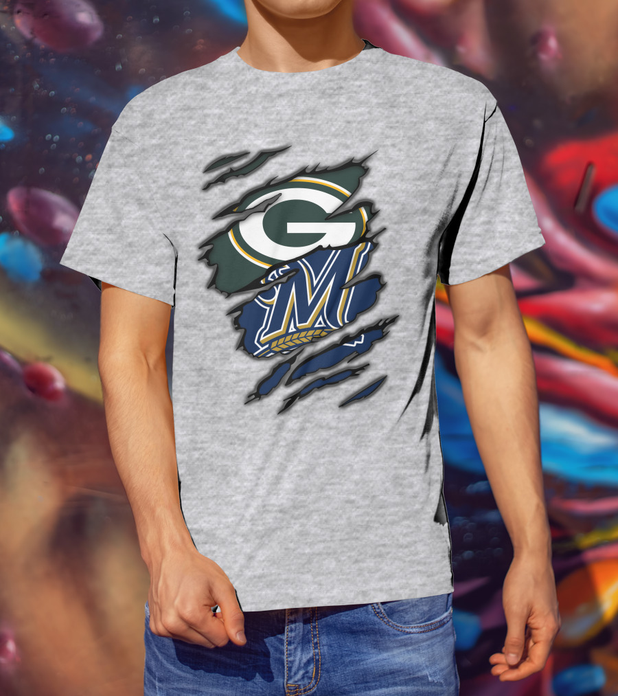 Green Bay Packers Milwaukee Brewers Logos Torn Claw Marks T-Shirt