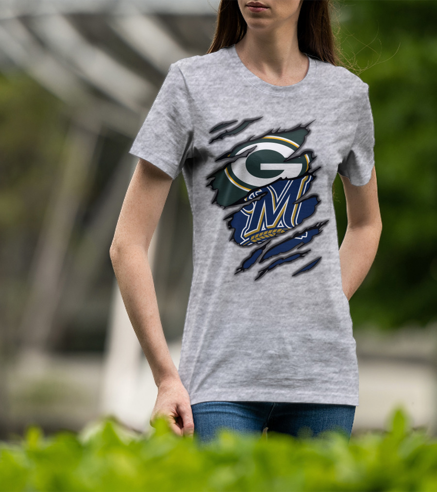 Green Bay Packers Milwaukee Brewers Logos Torn Claw Marks T-Shirt