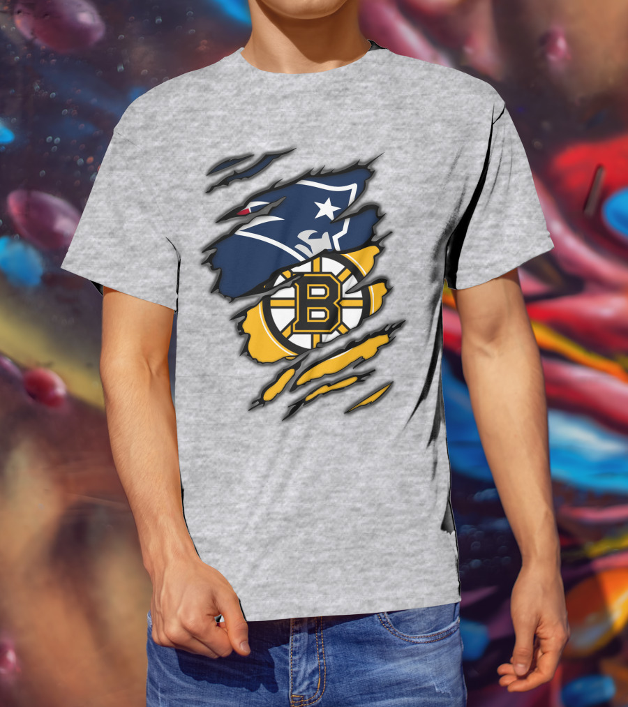 Patriots Bruins New England Football Boston Hockey Fan Collaboration T-Shirt