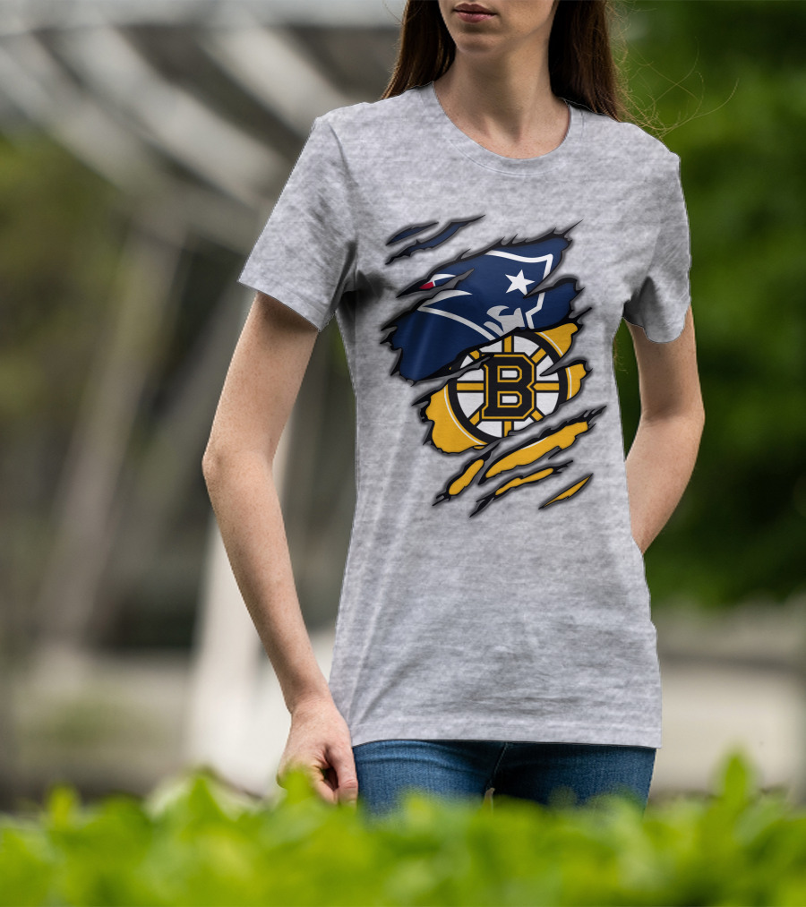 Patriots Bruins New England Football Boston Hockey Fan Collaboration T-Shirt