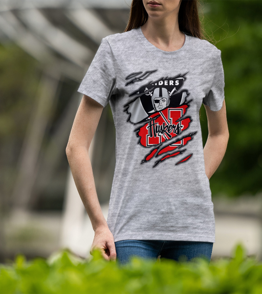 Raiders Huskers Torn Design With Icons And Symbols T-Shirt