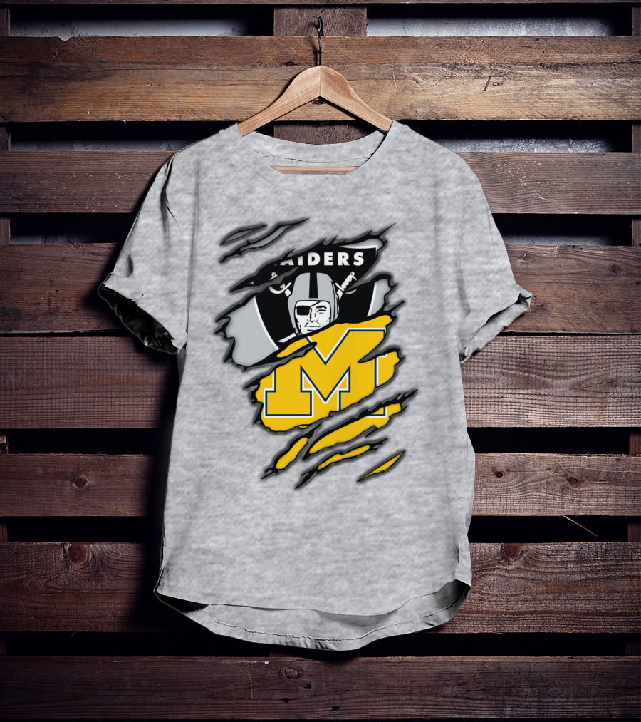 Raiders Logo With Michigan Block M Torn Overlay T-Shirt