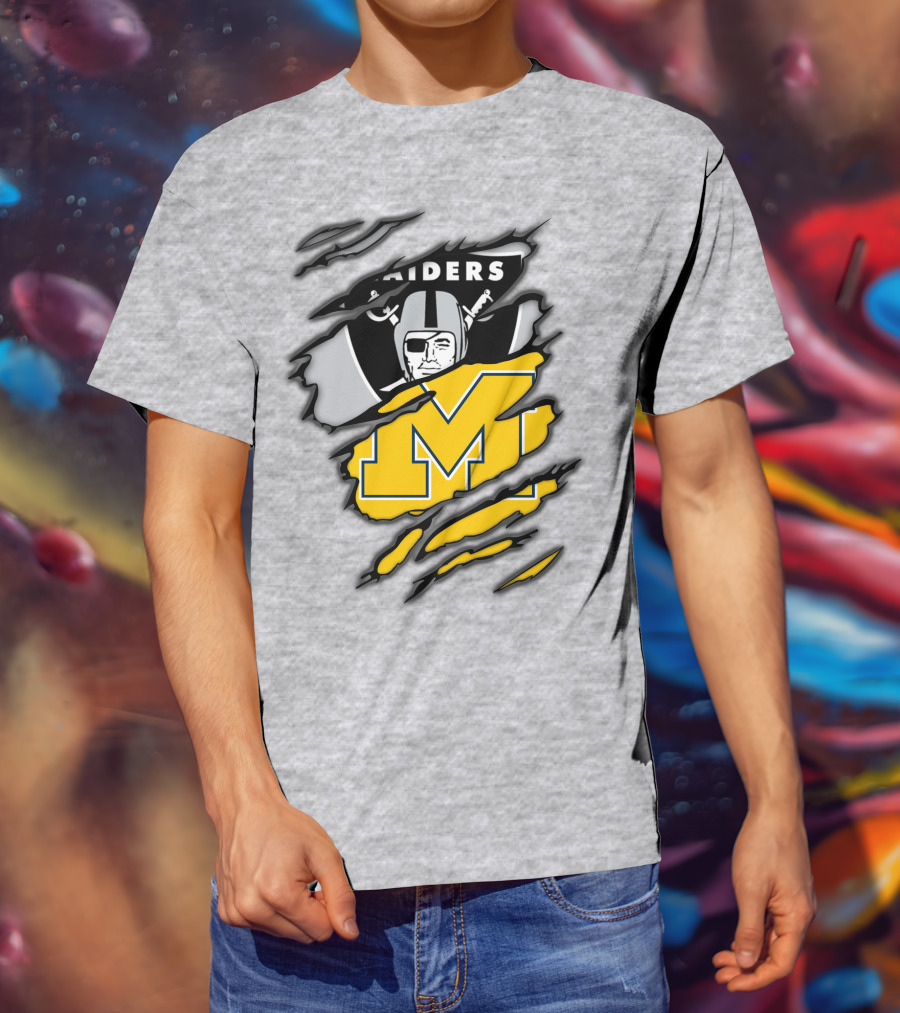Raiders Logo With Michigan Block M Torn Overlay T-Shirt