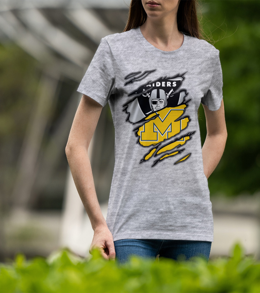 Raiders Logo With Michigan Block M Torn Overlay T-Shirt