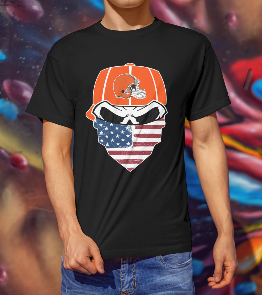 Cleveland Browns Skull American Flag Bandana T-Shirt