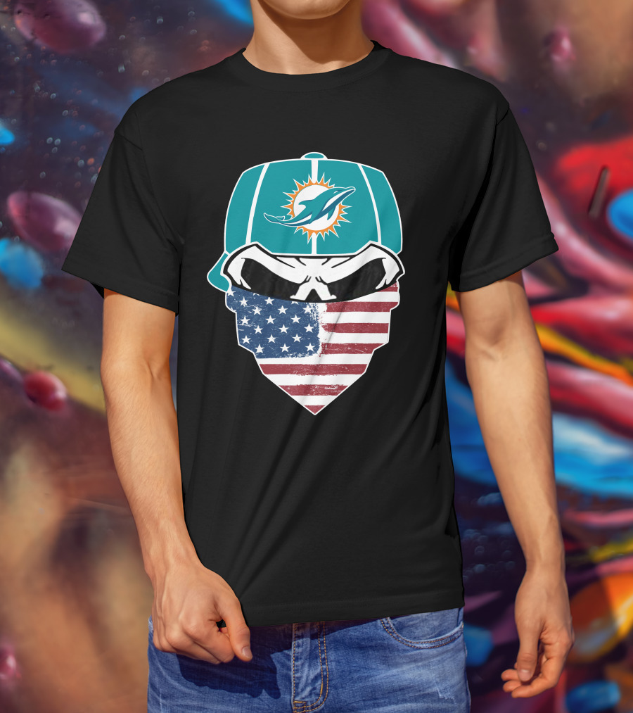 Miami Dolphins Skull American Flag Bandana T-Shirt