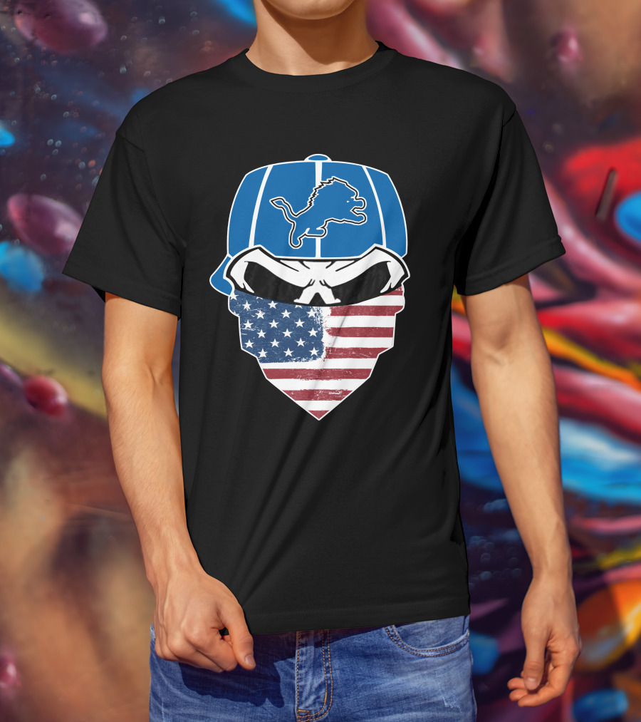 Detroit Lions Skull Bandana American Flag T-Shirt