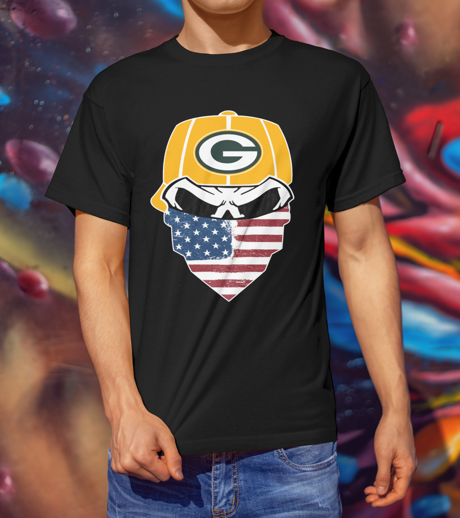 Packers Skull USA Flag Bandana Green Bay Packers Helmet T-Shirt