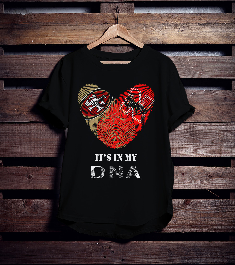 49ers And Nebraska Cornhuskers It's In My Dna Heart-Shaped Fingerprint T-Shirt