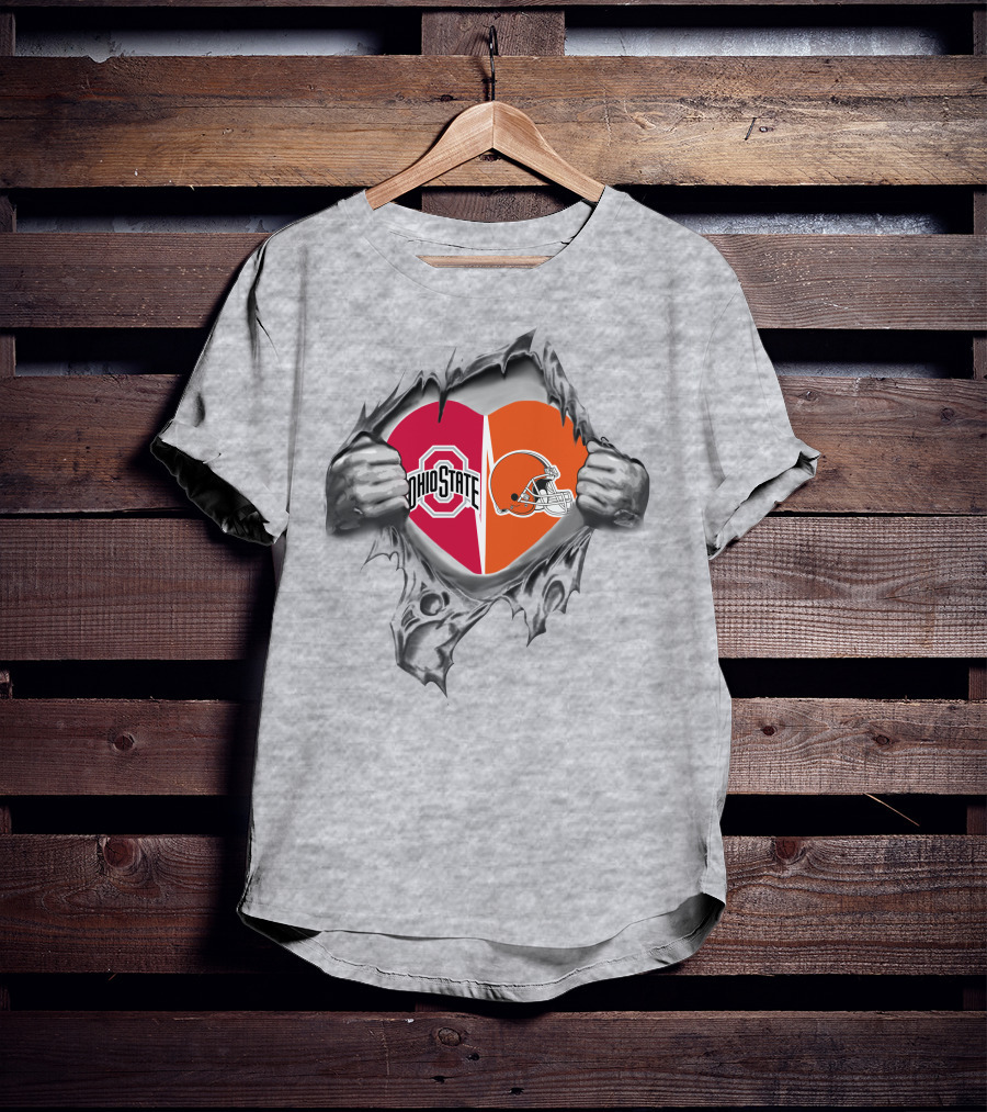 Browns Ohio State Buckeyes Heart With Helmet Logo And Scarlet Gray T-Shirt