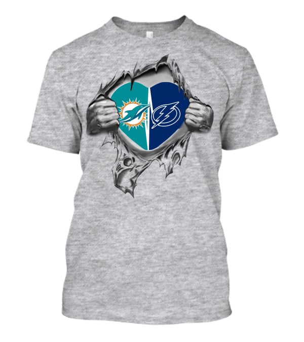 Dolphins Tampa Bay Lightning Heart Logo Torn Hands T-Shirt