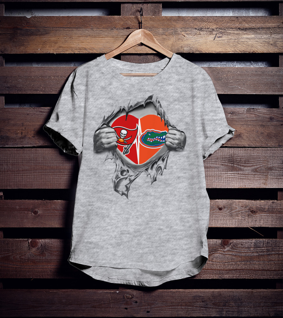 Tampa Bay Buccaneers Florida Gators Heartbeat Inside Tear Rip Pull Style T-Shirt