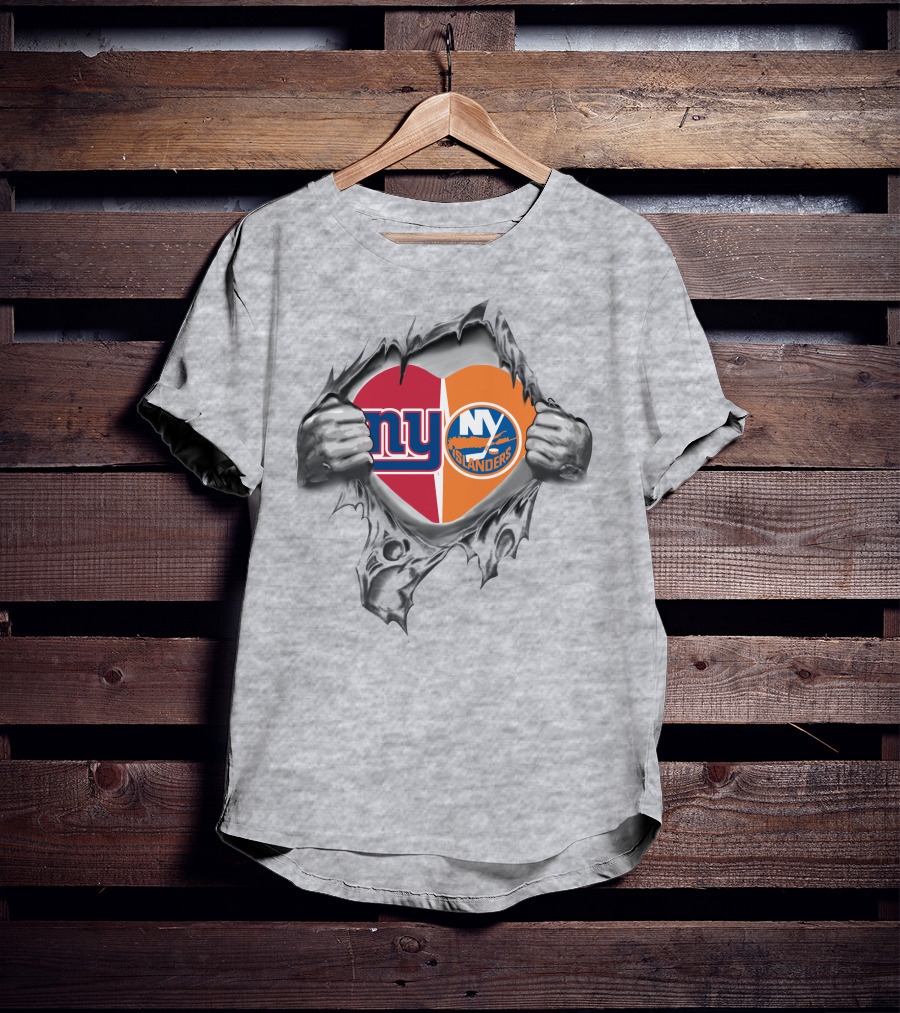 New York Giants And Islanders Heart Ripped Open T-Shirt