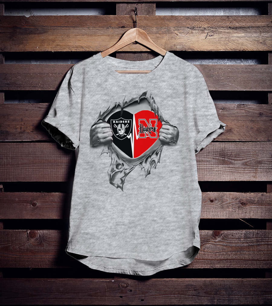 Raiders Huskers Heart Design With Torn Fabric T-Shirt