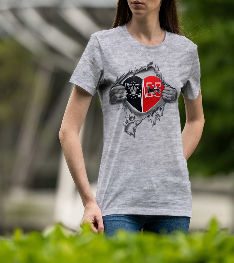 Raiders Huskers Heart Design With Torn Fabric T-Shirt