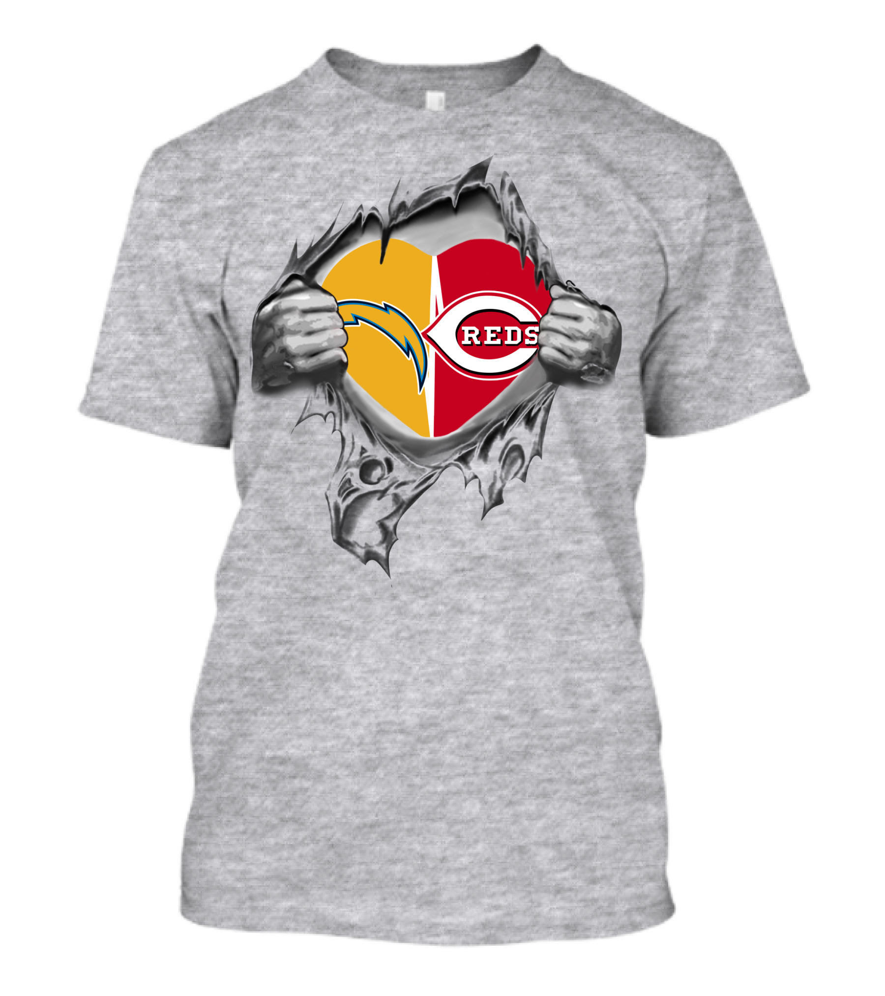 Reds Chargers Heart With Skeleton Hands NFL MLB Crossover T-Shirt