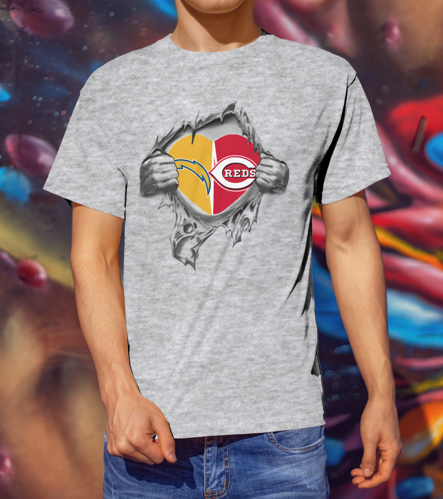 Reds Chargers Heart With Skeleton Hands NFL MLB Crossover T-Shirt