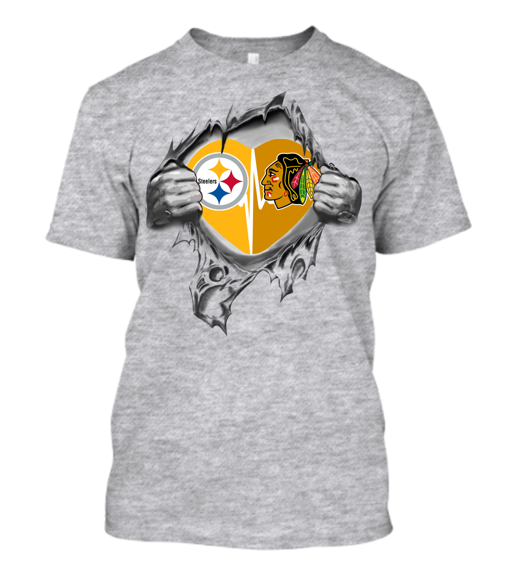 Steelers Blackhawks Heart Logos Torn T-Shirt