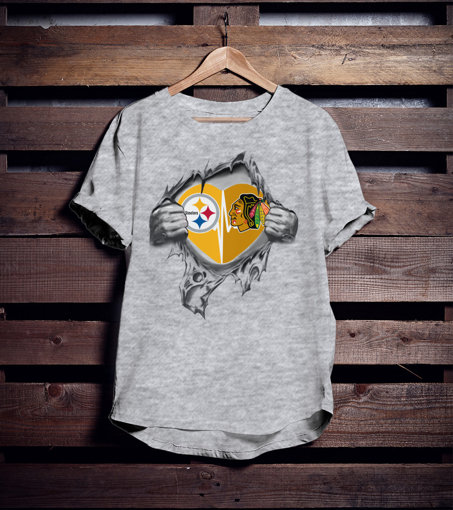 Steelers Blackhawks Heart Logos Torn T-Shirt
