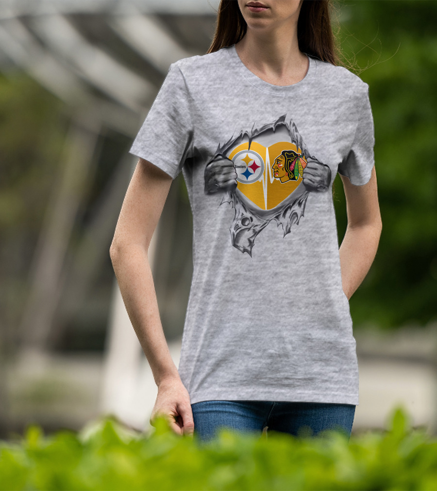 Steelers Blackhawks Heart Logos Torn T-Shirt