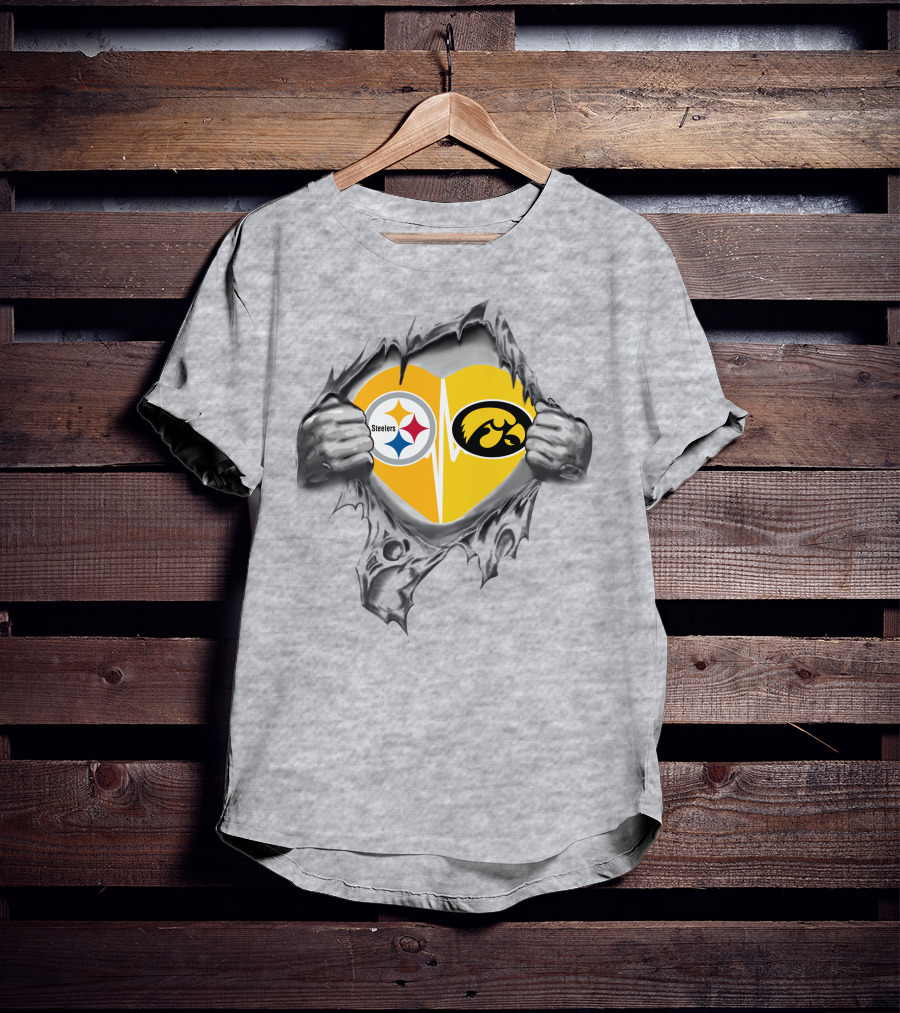 Steelers Hawkeyes Heartbeat Inside Layered Heart T-Shirt