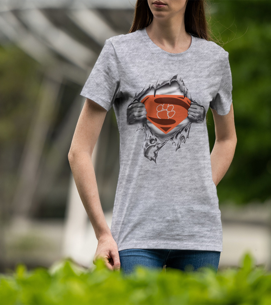 Clemson Tigers Superman Paw Logo Rip Effect T-Shirt