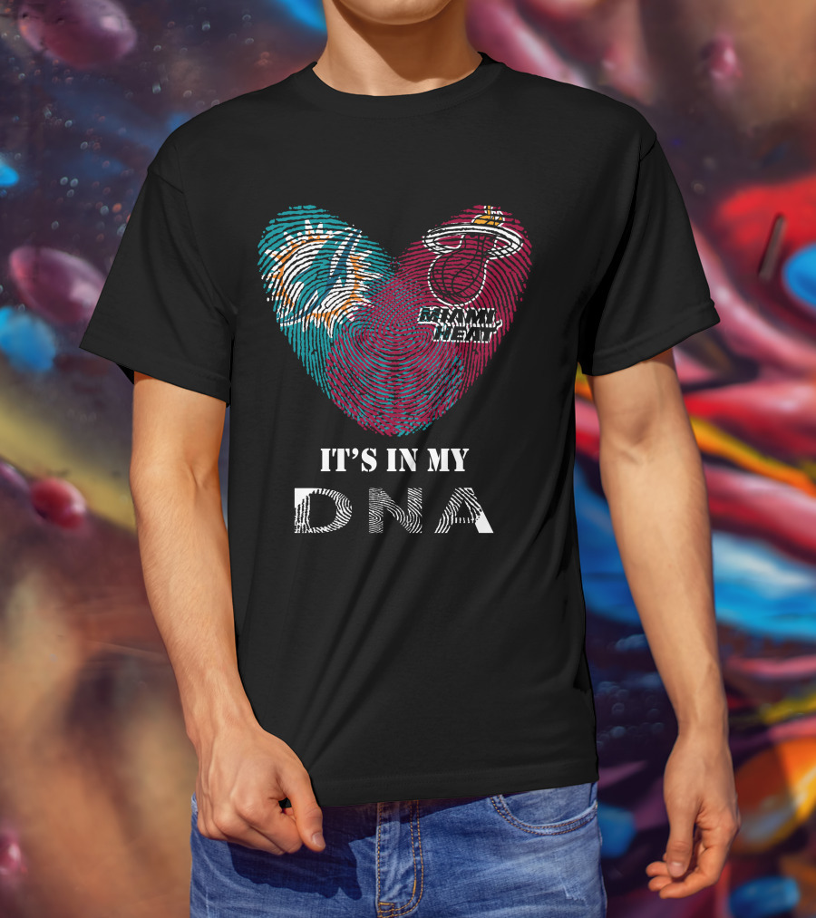 Miami Dolphins Miami Heat It's In My Dna Fingerprint Heart T-Shirt