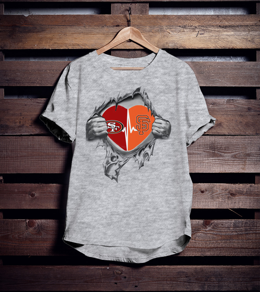 49ers Giants Heartbeat Logo Blended In Torn Heart T-Shirt