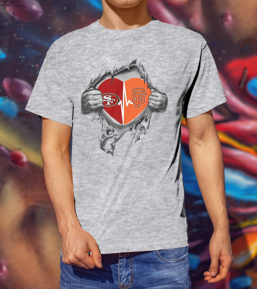 49ers Giants Heartbeat Logo Blended In Torn Heart T-Shirt